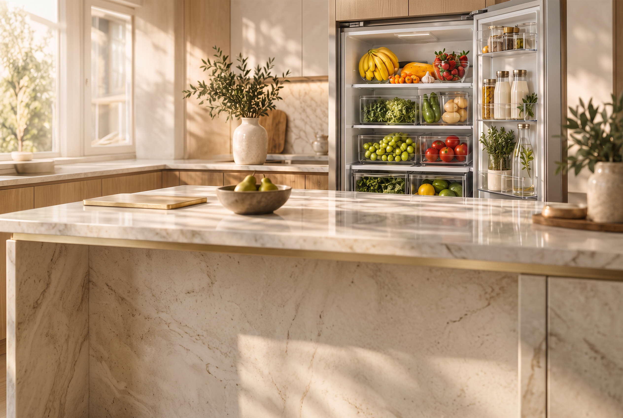 Warm oak kitchen with an organized refrigerator by LORAIRÉ Home